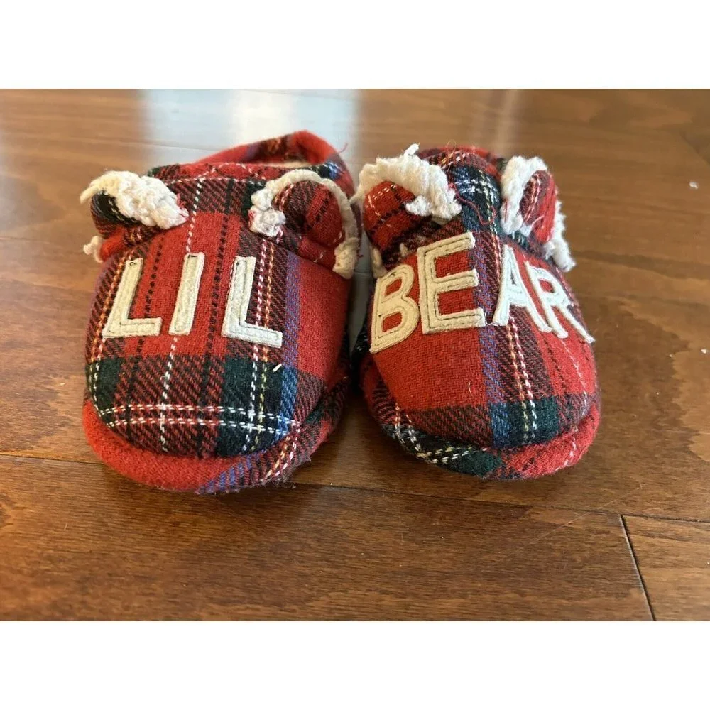 Dearfoams Kids Toddler  Little Kids Lil Bear‎ Plaid Red Slippers NEW 9-10  US